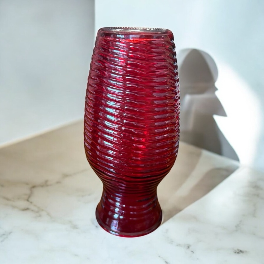 Vintage Ruby Red Ribbed Glass Vase - Picture 3 of 3